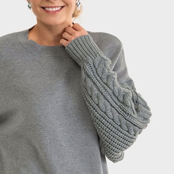 Elsie & Zoey Gray Cable Knit Sleeve Oversized Crew Neck Eco Friendly Sweater - Picture 1 of 16
